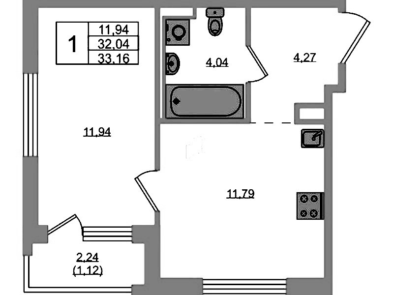 1-комнатная квартира 33.16 м², 1/12 эт., ЖК «GloraX Новоселье»